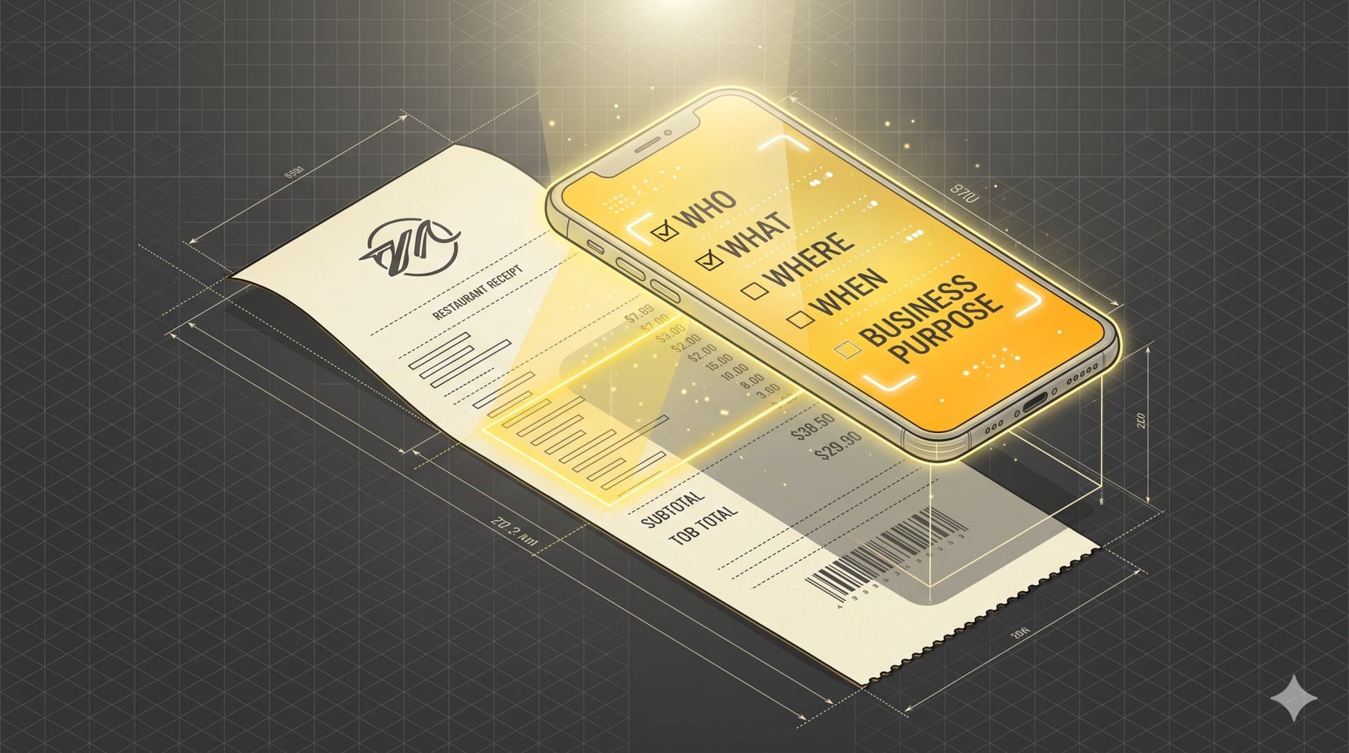 Illustration of a smartphone scanning a receipt to document the business purpose of a meal.