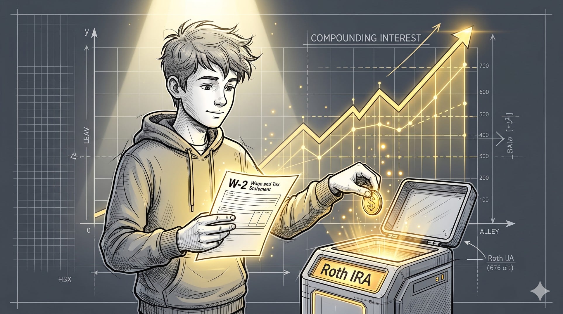 Illustration of a child using earned W-2 income to fund a tax-free Roth IRA.