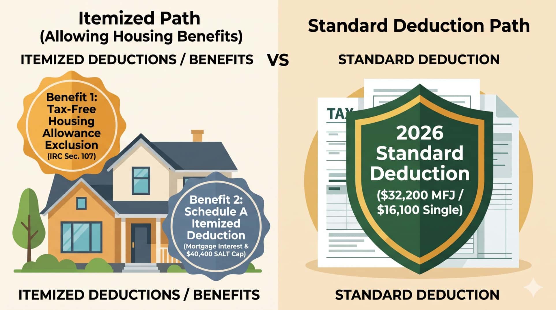 Flowchart showing how to report the 2026 clergy housing allowance across Form W-2, Schedule SE, Schedule 1, and Form 1040.