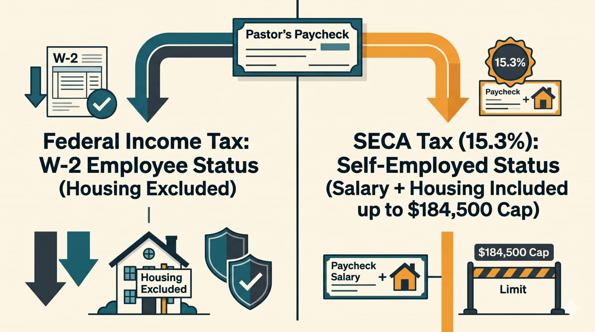 Comparison of dual tax status for ministers showing W-2 income tax exclusion versus Schedule SE SECA tax inclusion for 2026.