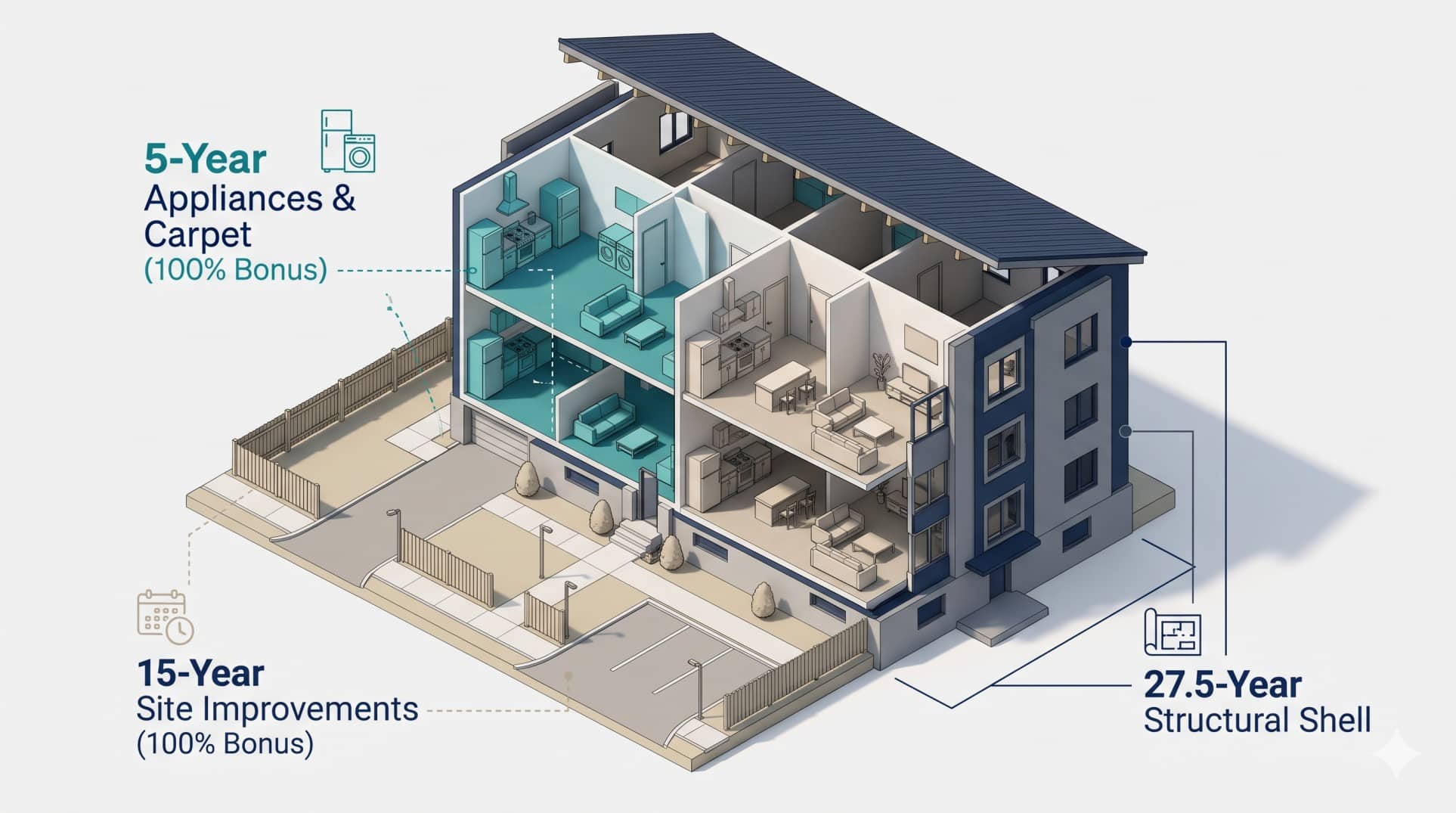 Isometric 3D diagram of a rental property showing 5-year and 15-year cost segregation components eligible for 100% bonus depreciation in 2026.
