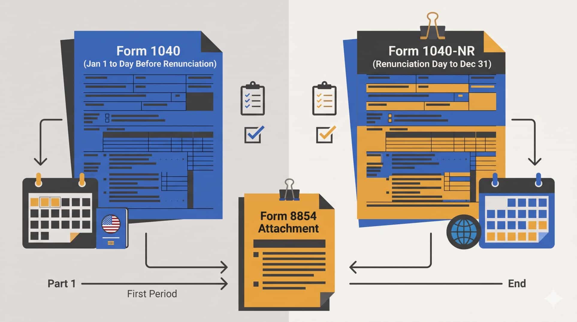 Workflow diagram showing how to file a dual-status Form 1040 and Form 1040-NR alongside Form 8854 in 2027 after renouncing US citizenship in 2026.