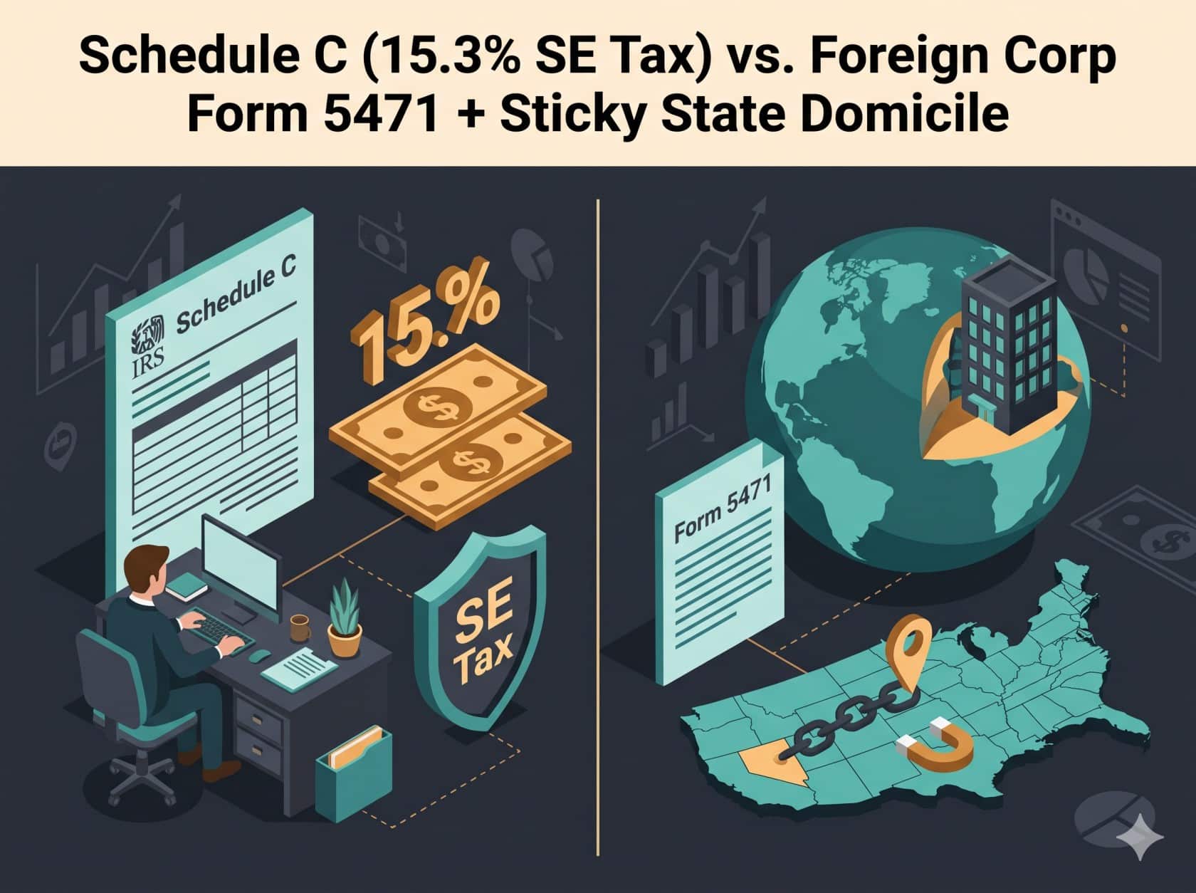 Diagram showing how self-employment taxes and sticky state residency rules affect US expats claiming the Foreign Earned Income Exclusion in 2026.