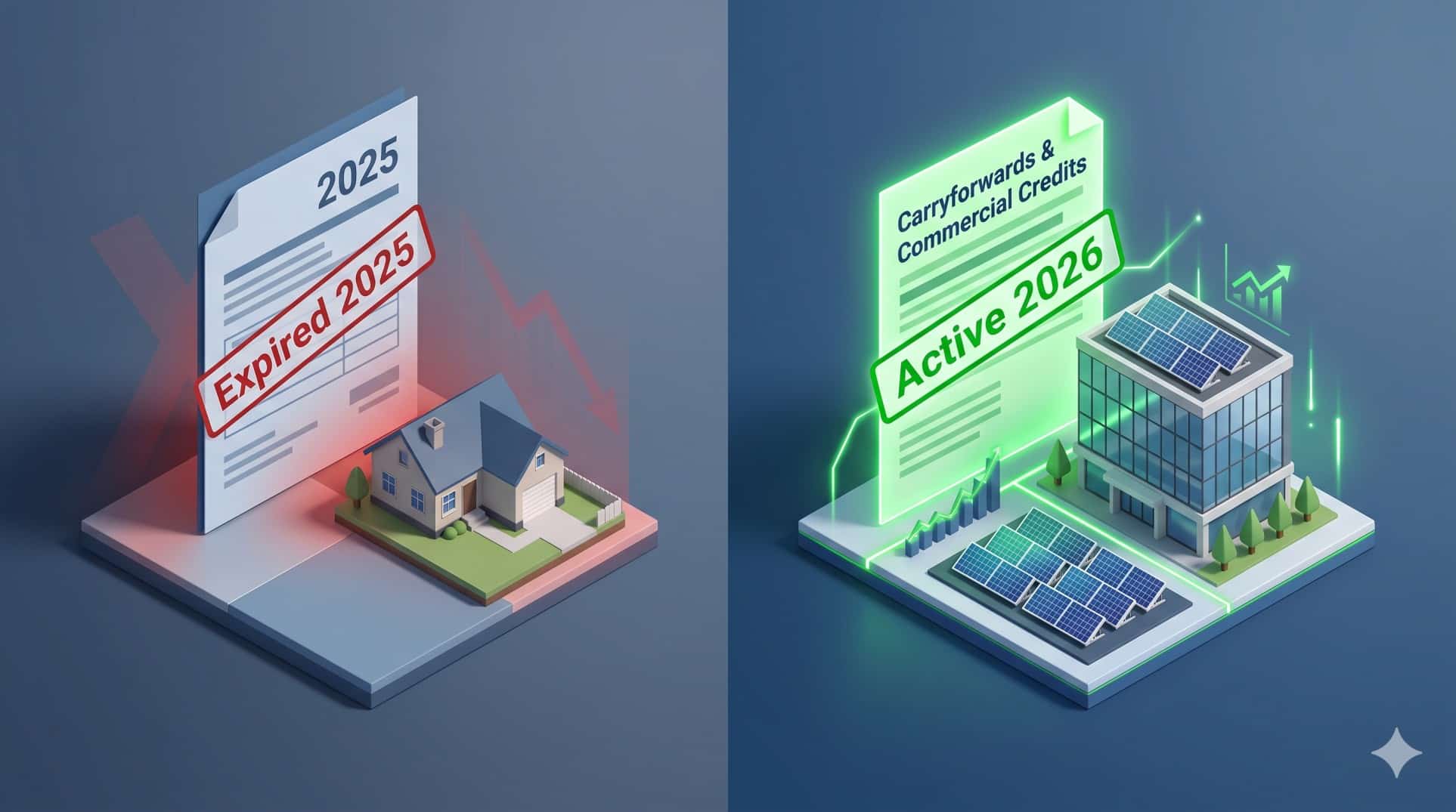 Infographic illustrating the shift from residential to commercial Federal Solar and Energy Efficiency Tax Credits in 2026.