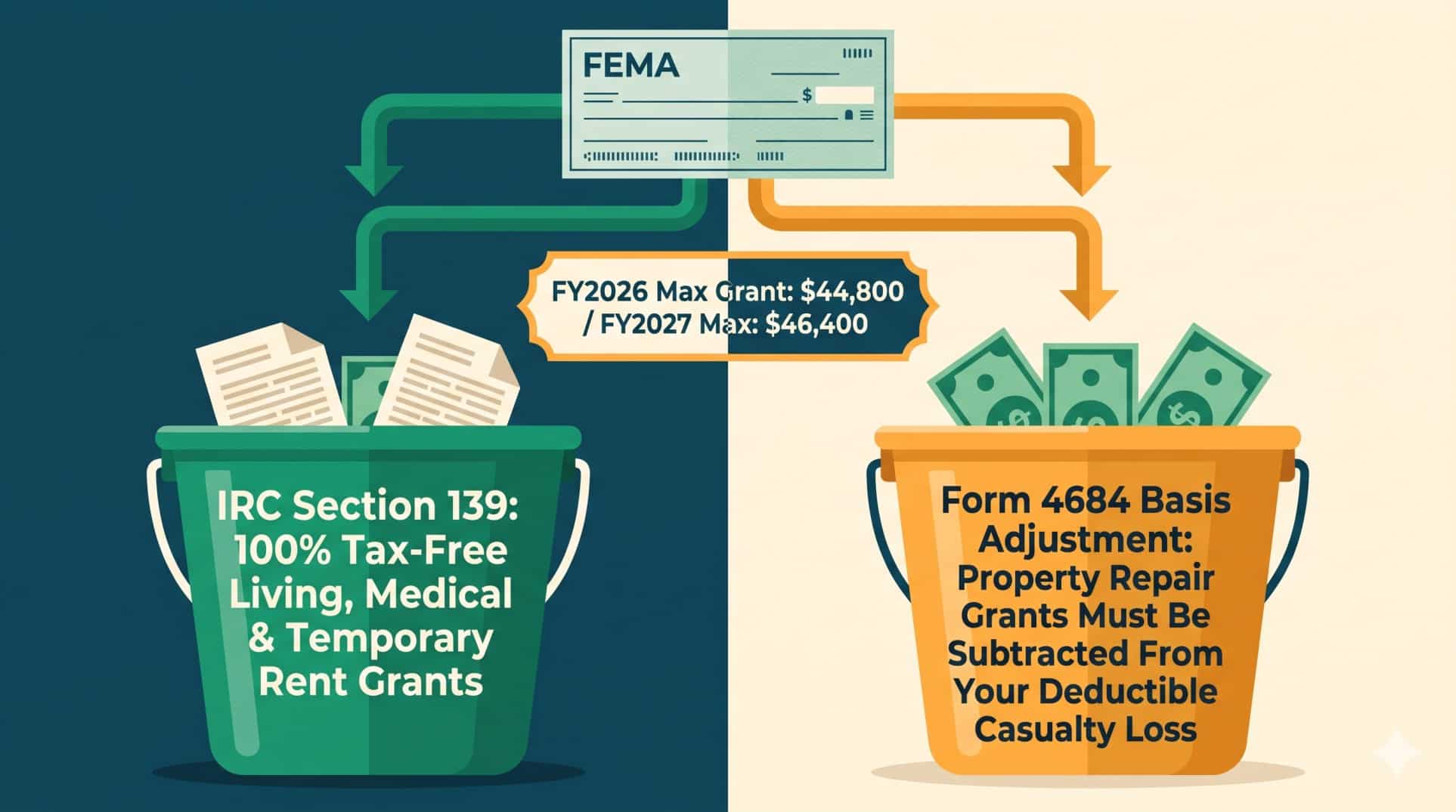 Diagram explaining how FEMA disaster relief grants are excluded from income under IRC Section 139 but reduce property casualty losses on Form 4684.