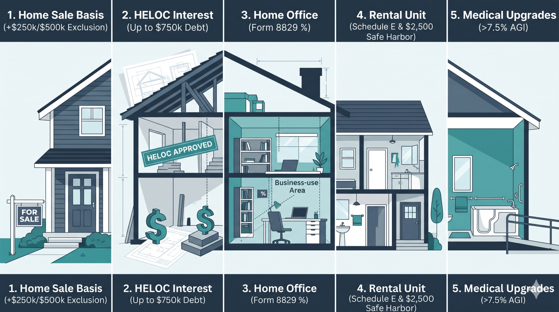 Diagram of a house showing the five legal avenues to claim home improvement tax deductions in 2026: home sale cost basis, HELOC interest, home office, rental property, and medical necessity.