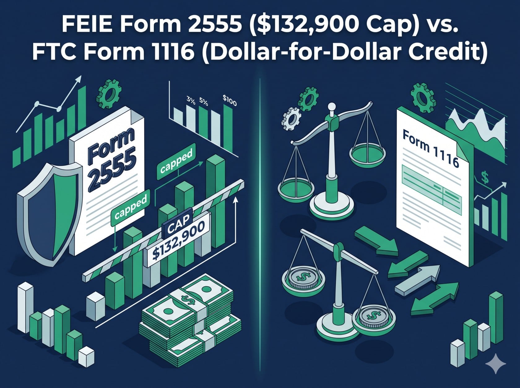 Infographic comparing the Foreign Tax Credit vs. FEIE in 2026 showing Form 2555 $132,900 cap and Form 1116 dollar-for-dollar tax offset.