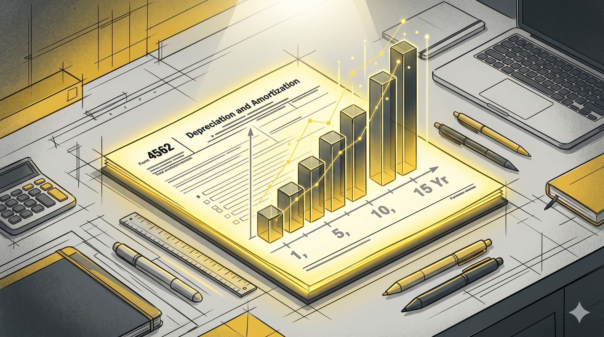 Illustration of IRS Form 4562 with a 15-year amortization timeline graph rising from the paper.