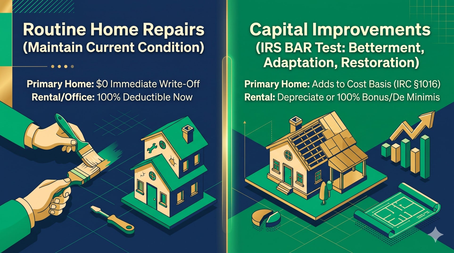 Split-screen infographic comparing the 2026 IRS tax treatment of routine home repairs versus capital improvements under the Betterment, Adaptation, and Restoration test.