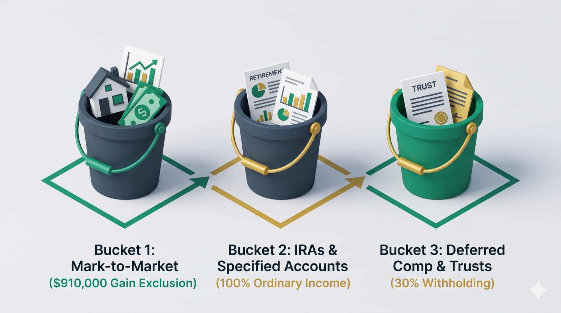 Diagram illustrating how the expatriation tax 2026 divides worldwide assets into mark-to-market property with a $910,000 exclusion, specified tax-deferred accounts, and deferred compensation.