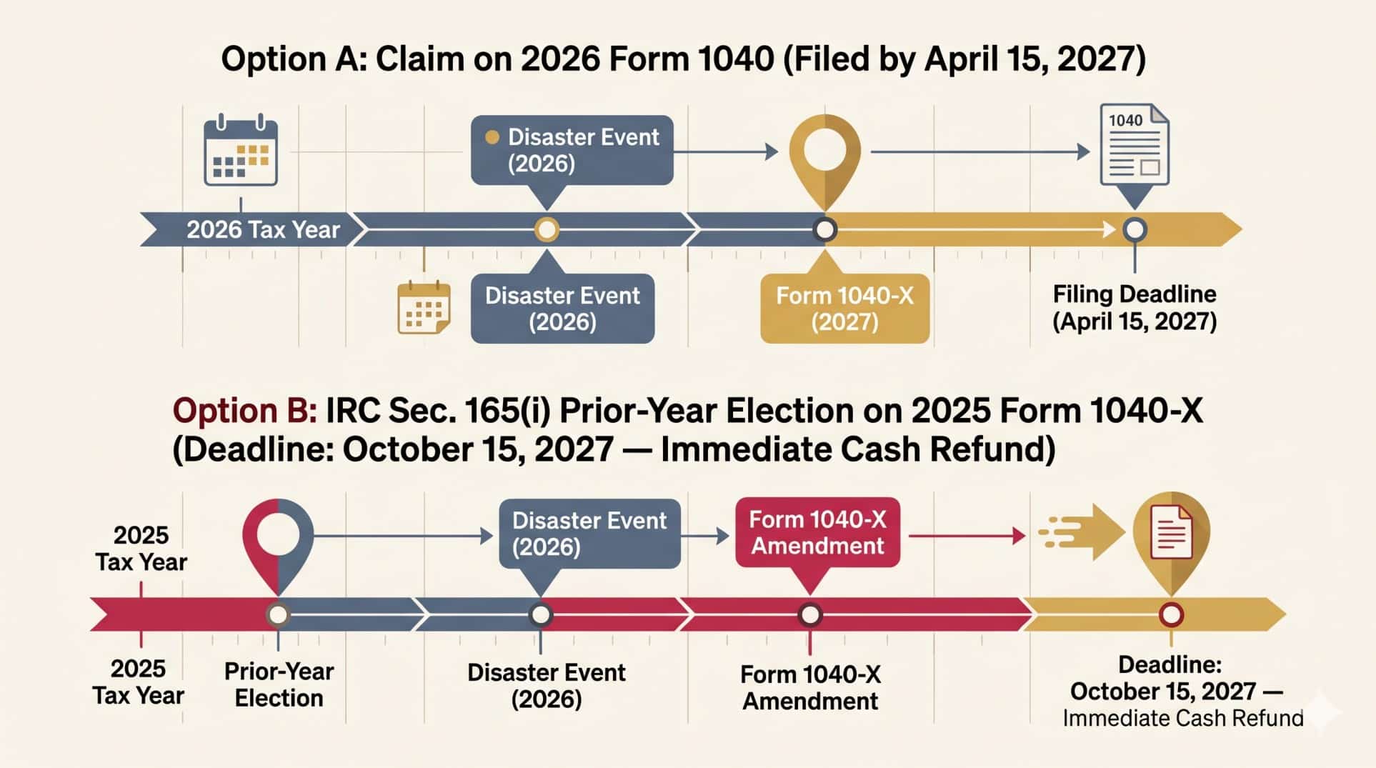 Timeline showing the October 15, 2027 deadline to make an IRC Section 165(i) election to deduct a 2026 disaster loss on a 2025 tax return.