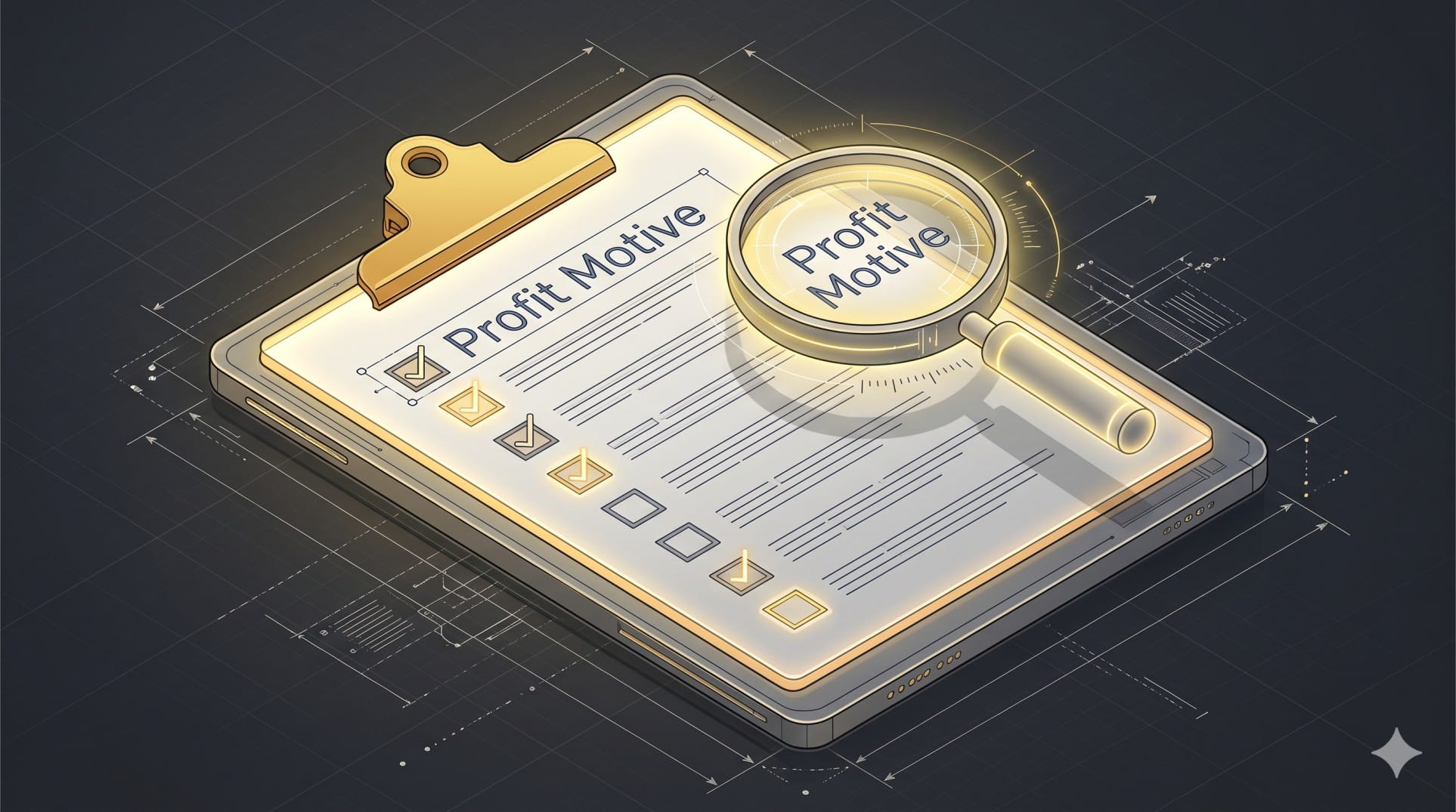 Illustration of a clipboard and magnifying glass representing the IRS nine-factor profit motive test.