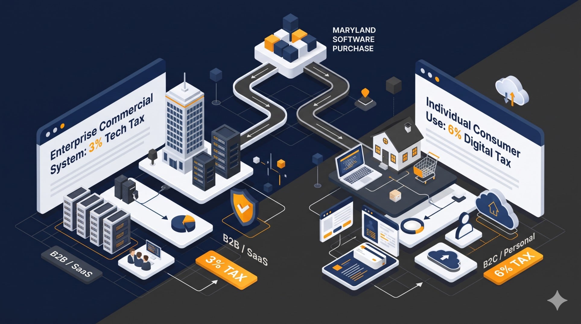Decision tree diagram illustrating Maryland's 3% business IT and SaaS tax versus its 6% individual consumer digital product tax.