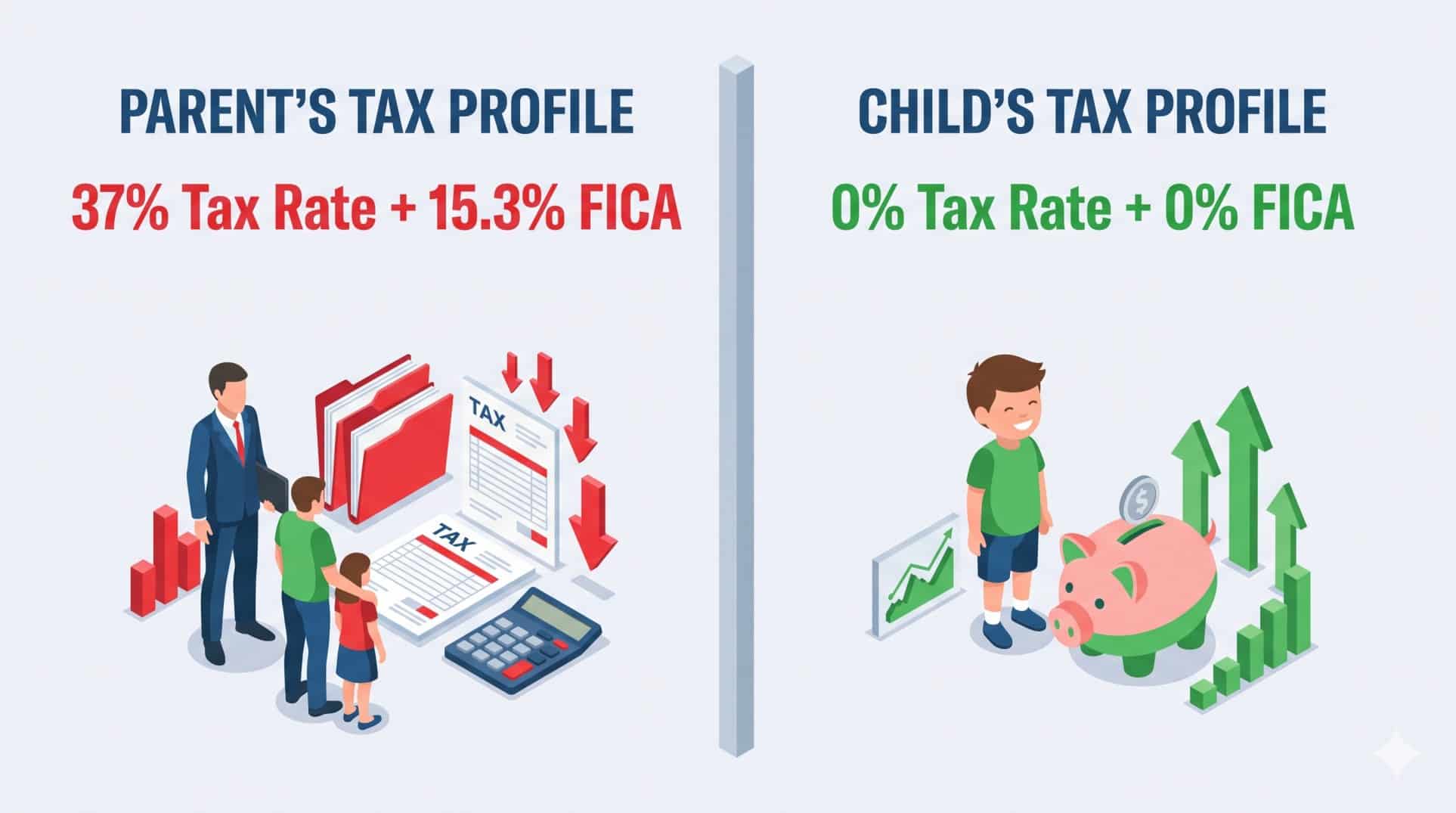 Infographic showing the difference in tax rates between a high-income business owner and their child employee.