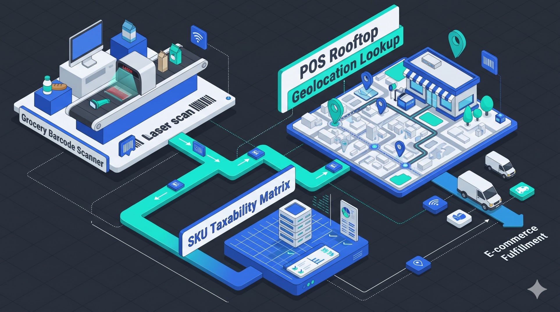 Isometric flowchart showing how point-of-sale (POS) systems calculate local grocery tax by store location and customer delivery address.