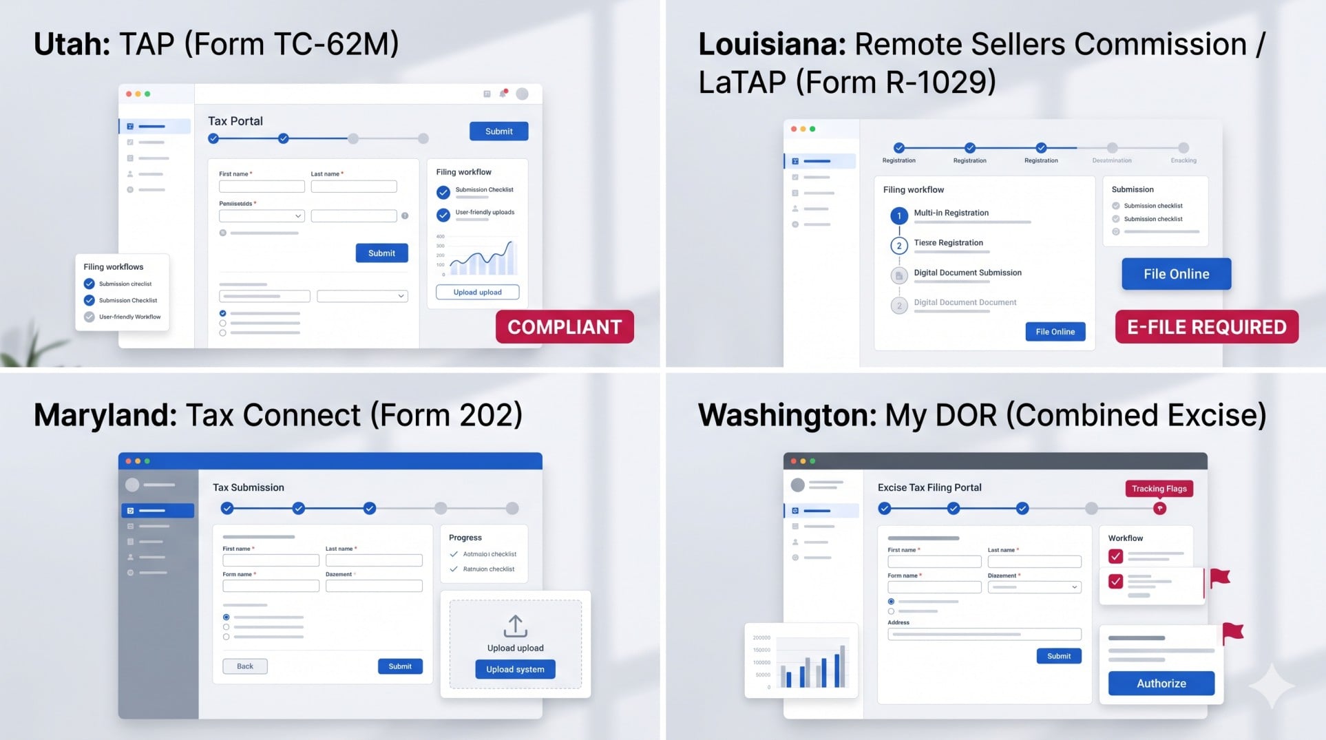 Four-panel chart showing the official tax portals and return forms for SaaS and digital goods in Utah, Louisiana, Maryland, and Washington.