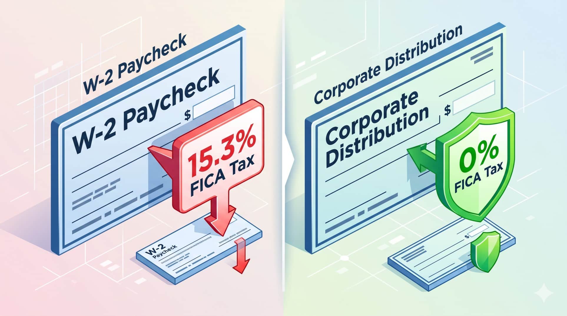 Infographic comparing the FICA tax treatment of W-2 wages versus S-Corp distributions.