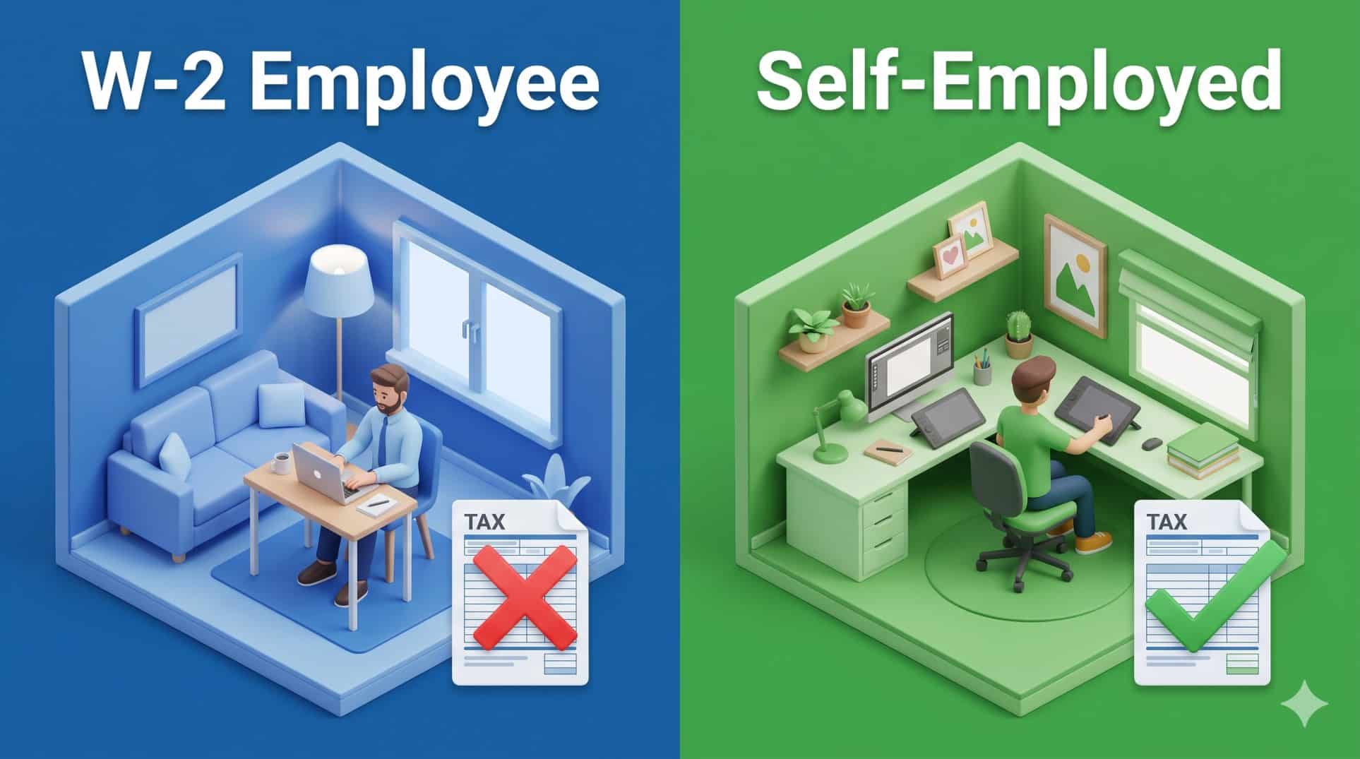 Infographic showing the difference in home office tax eligibility between W-2 employees and self-employed individuals.